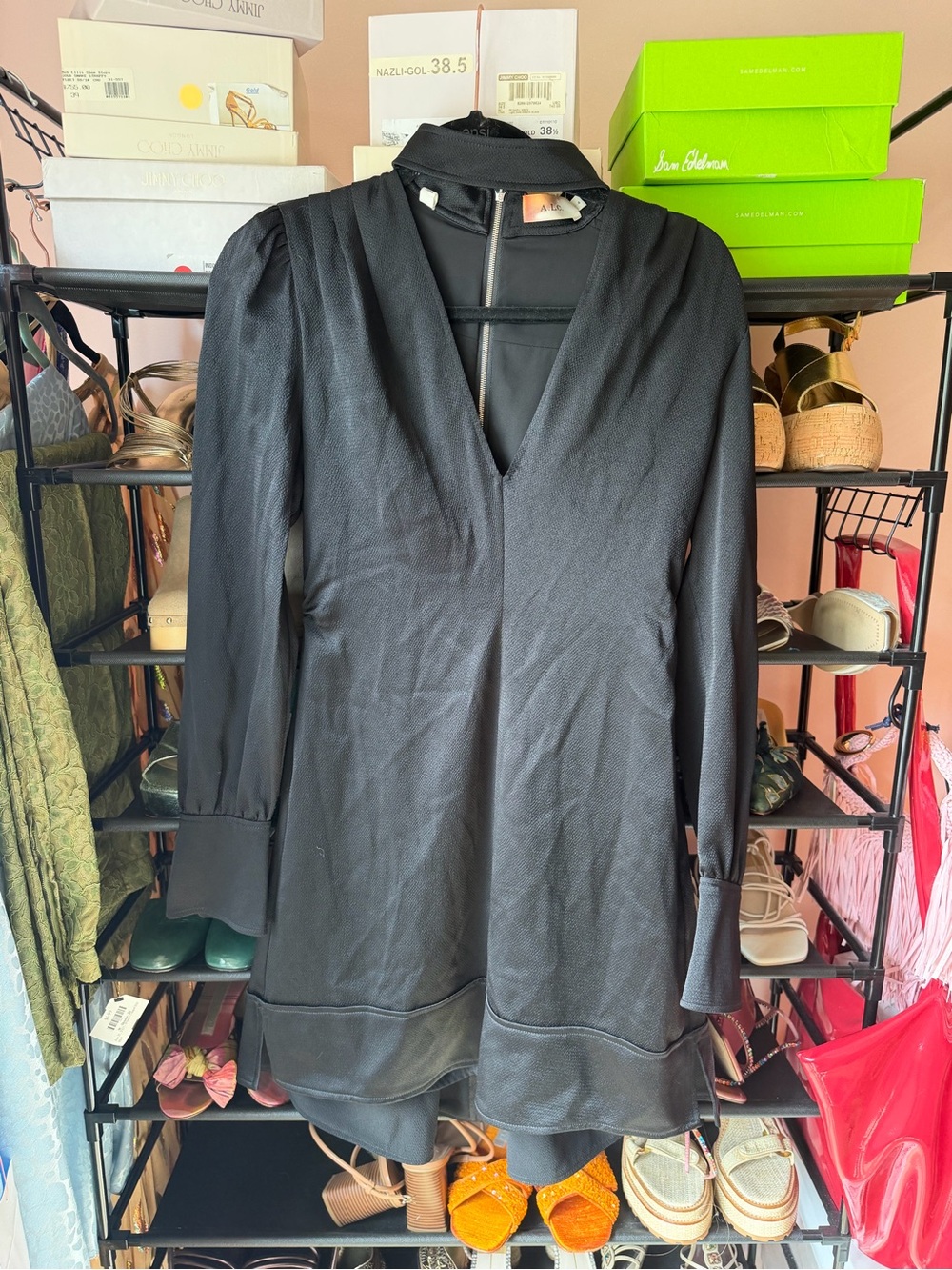 A.L.C. Black V-Neck Mini Dress with Long Sleeves